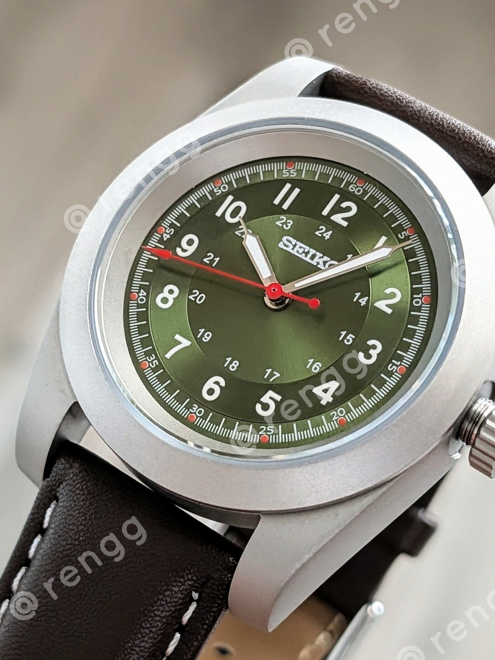 Sandblasted Seiko Green Olive Dial Field Mod Watch Sapphire Smooth Sweep Second